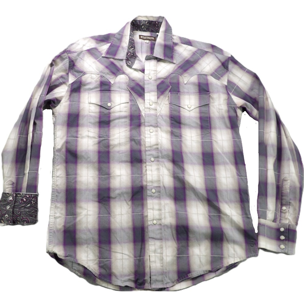 Stetson Men Western Shirt Medium Purple Plaid Pearl Snap Paisley Cuffs Cotton LS